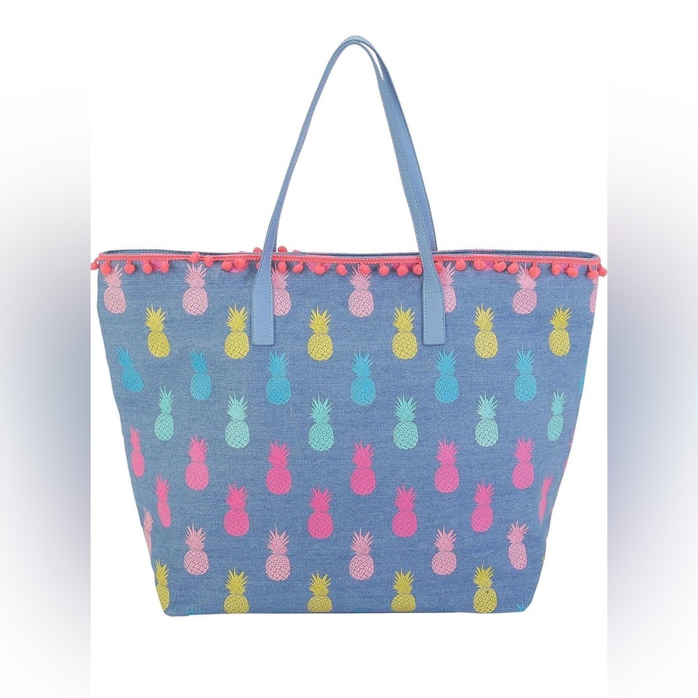 Caribbean Joe Blue Pineapple Pattern Tote Bag with Pink Trim